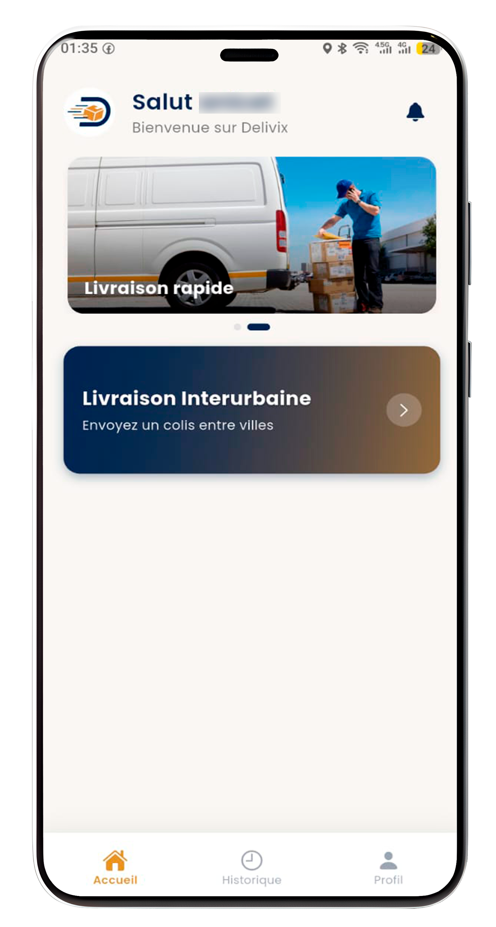 Application Delivix - écran d'accueil